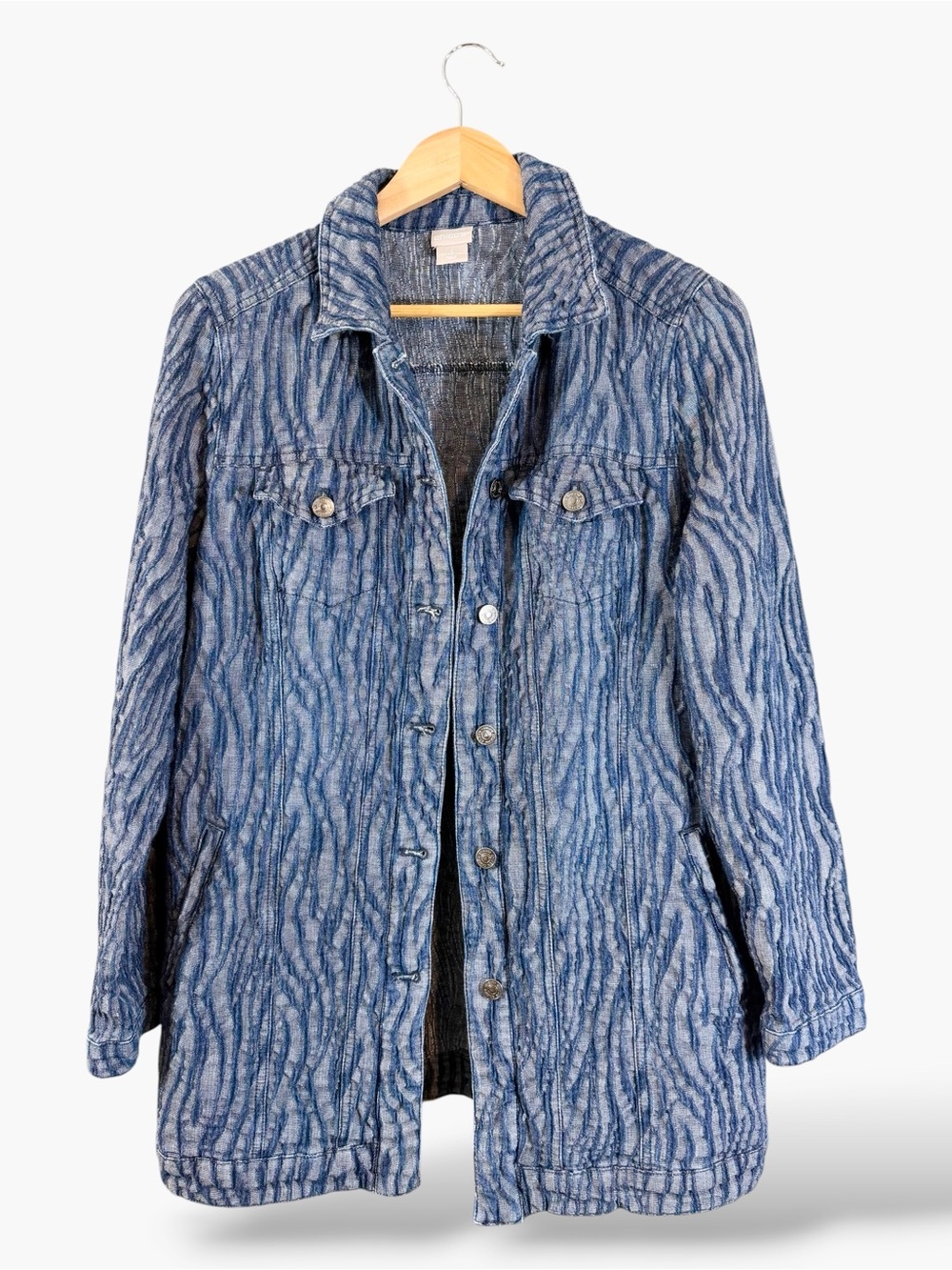 Chico’s Denim Jacket Zebra Print Size 1 (8/10) Longline Casual Preppy